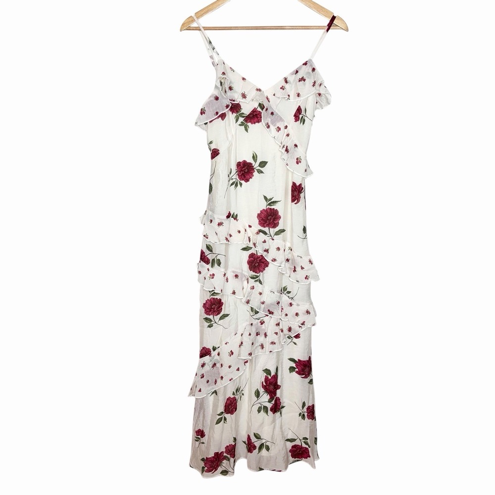 Romantic Red Rose Floral Maxi Slip Dress Womens Small Coquette Ruffled Fairy Y2K